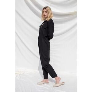 OZMA Black 100% Silk Long Sleeve Painters Button Front Jumpsuit Size Sma…